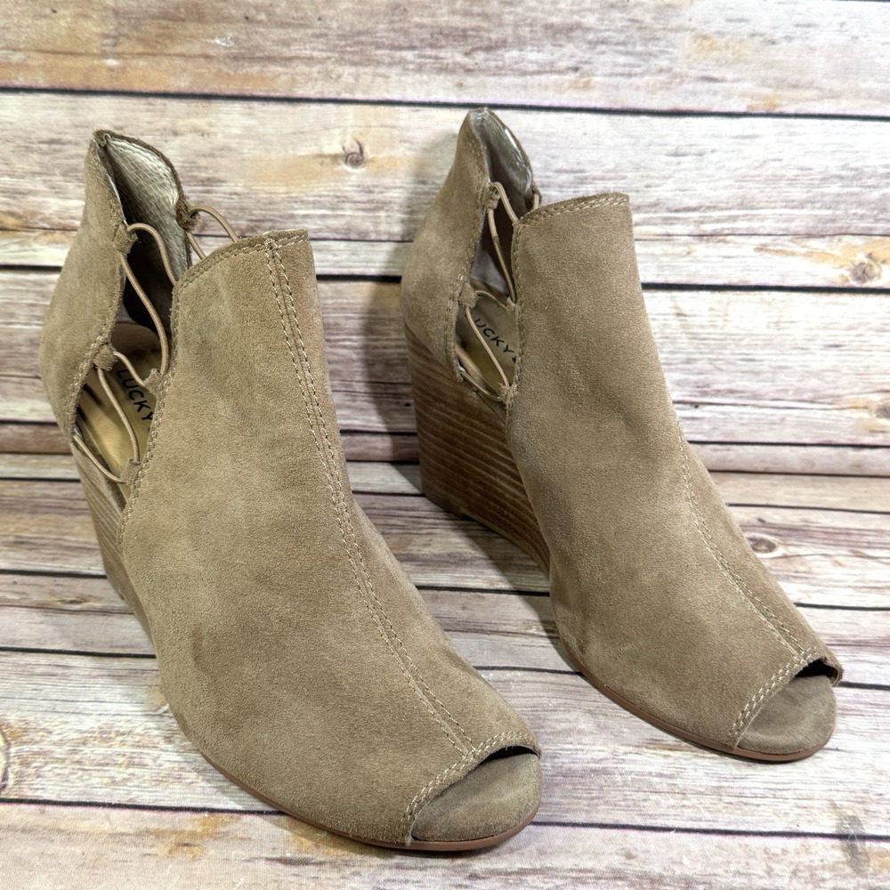 Lucky Brand Womens Tan Brown Suede Peep Toe Reevas Boho Wedge Heel Shoes 10M